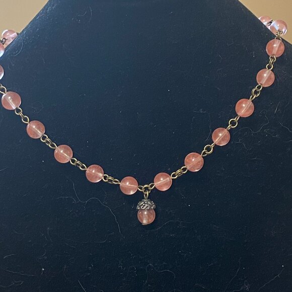 Cute Cherry Quartz Bronze Acorn Pendant Adjustable Choker - Picture 3 of 16